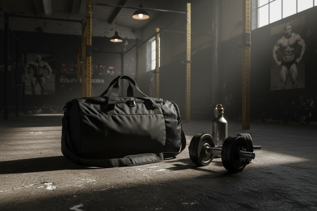 Gym bag on concrete floor with equipment
